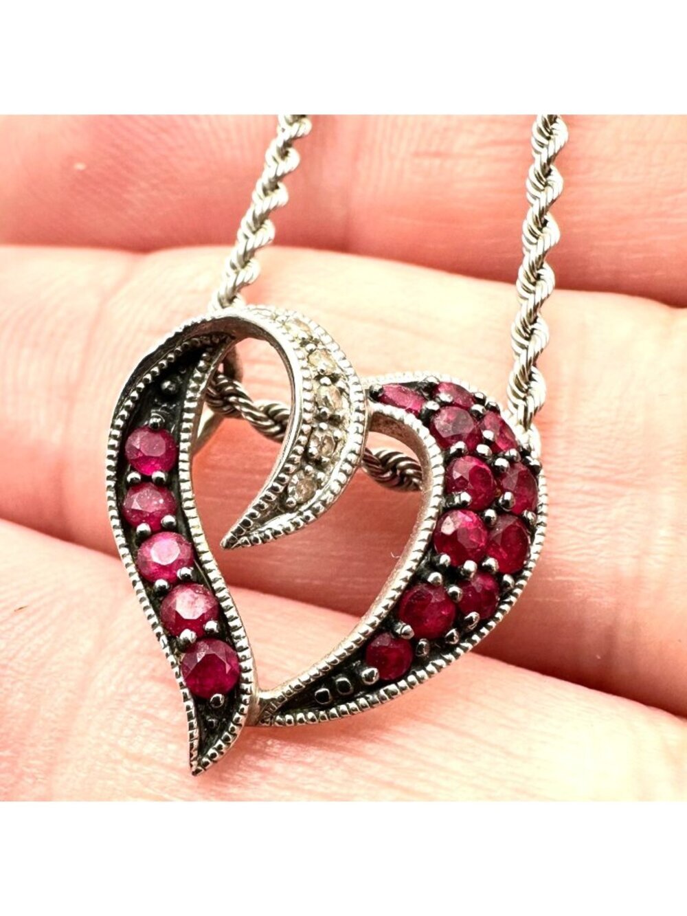 10K Gold Womens Necklace White Gold Ruby Diamond Heart Pendant 20 Inch Chain